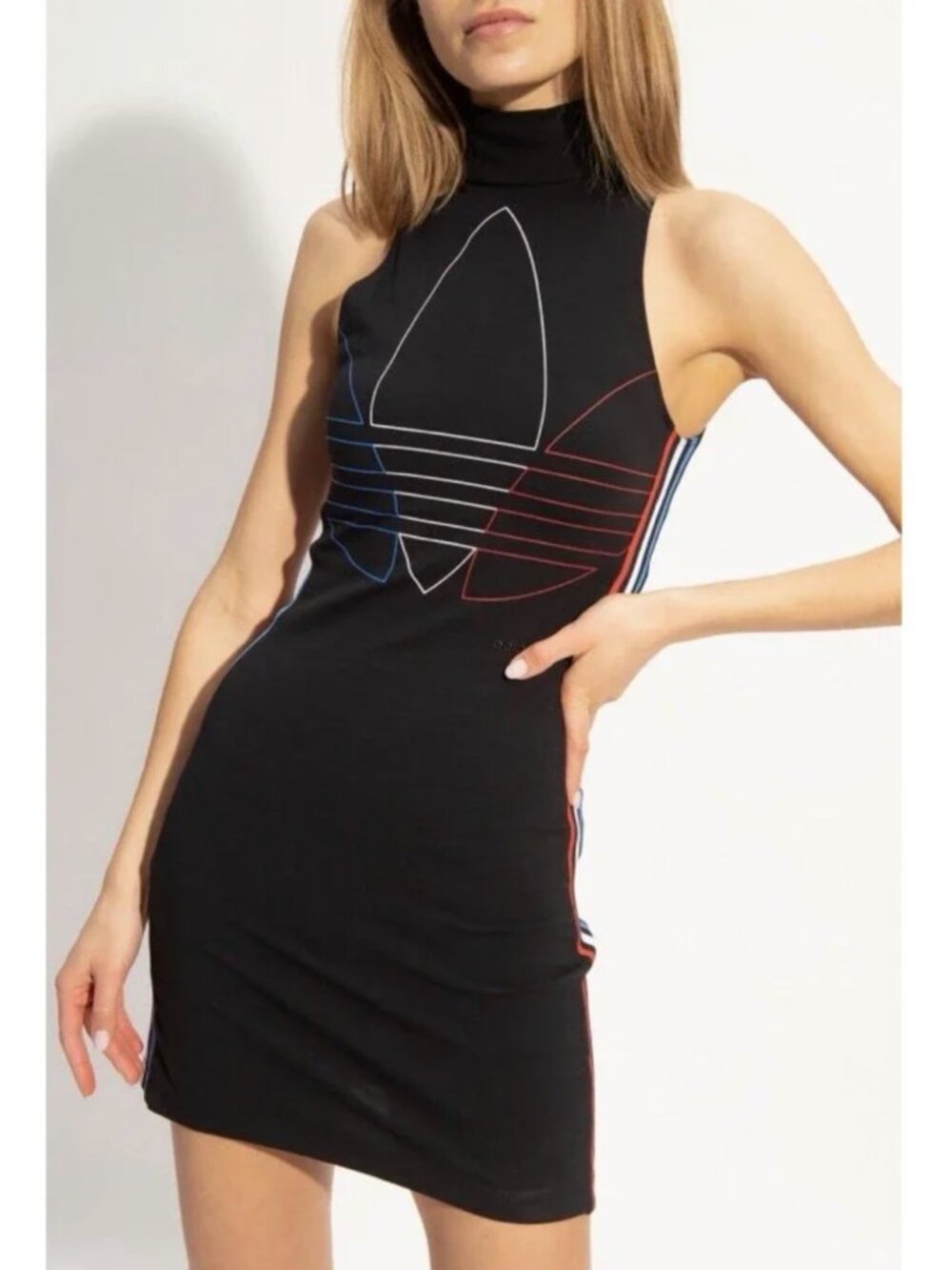 Adidas Sz M Adicolor Tricolor Black Tank Dress Bodycon Trifold Red White & Blue